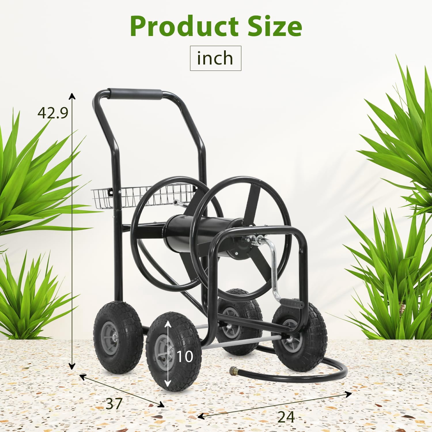 300ft Heavy Duty Hose Reel Cart - Steel Garden Water Hose Storage Cart with 8" Wheels, Foam Grip Handle, Outdoor Yard Hose Reel for Lawn & Garden (Black)