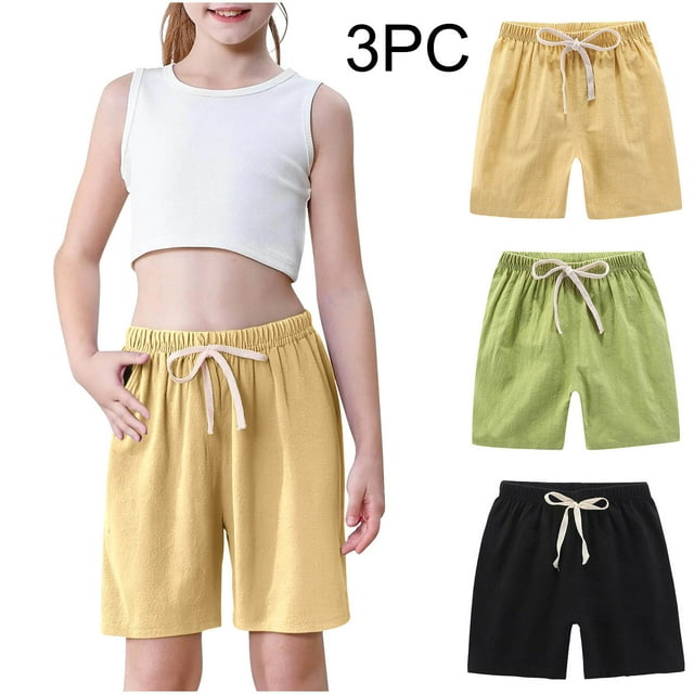 Odeerbi 2-10 Años Niños Niñas 3 Pcs Verano Algodón Lino Pantalones Cortos Entrenamiento Deportivos Cortos Lindo Color Sólido Pantalones Cortos Suaves Respirables