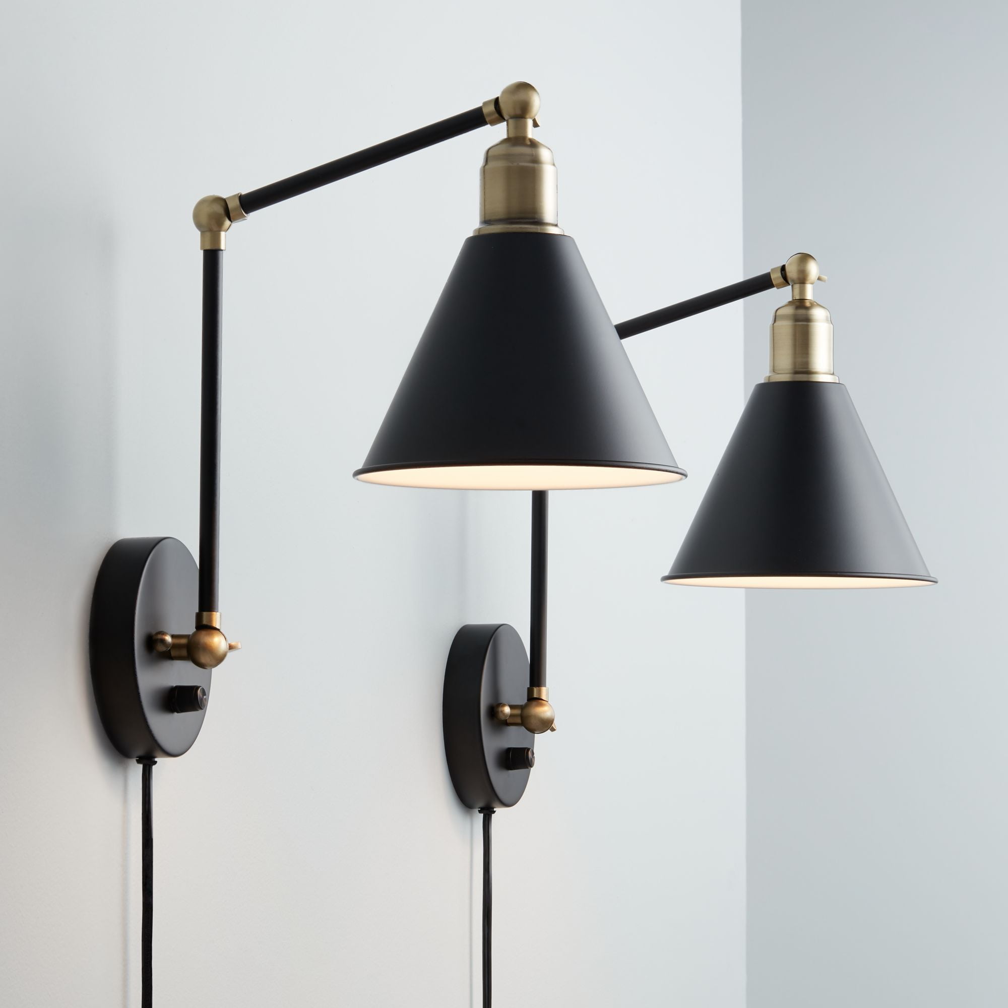 Black Wall Sconce Swing Arm Designs 360 Lighting Wray Black And Antique Br Plug In Wall Lamp Set Of 2