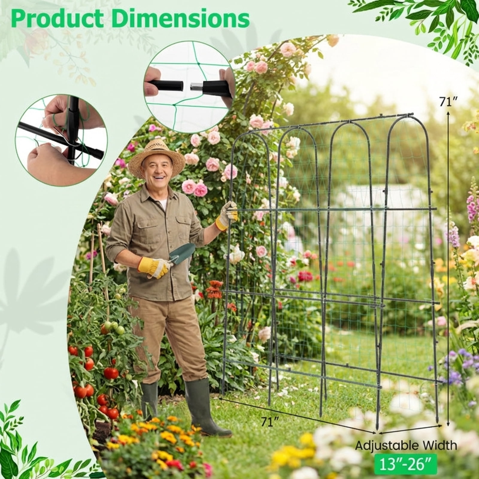 Biotree 71 x 71 Inch U-Shaped Tall Garden Arched Trellis for Climbing Plants Tomatoes and Vegetables - Black