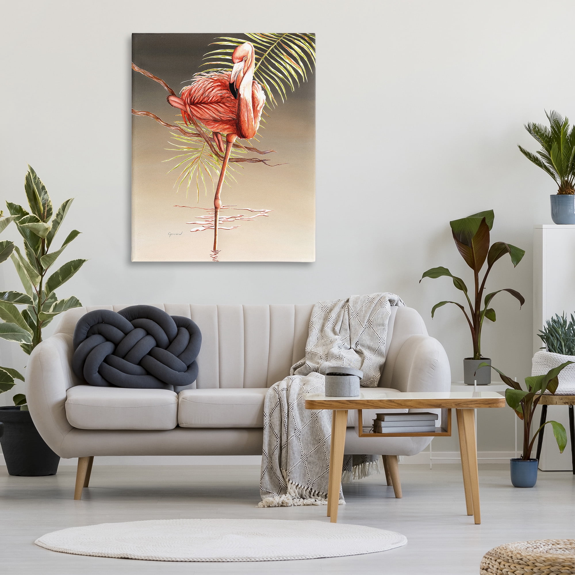 Stupell Industries Flamingo Balancing with Leaf Animals & Insects Painting Gallery Wrapped Canvas Art Print Wall Art, 36 x 48