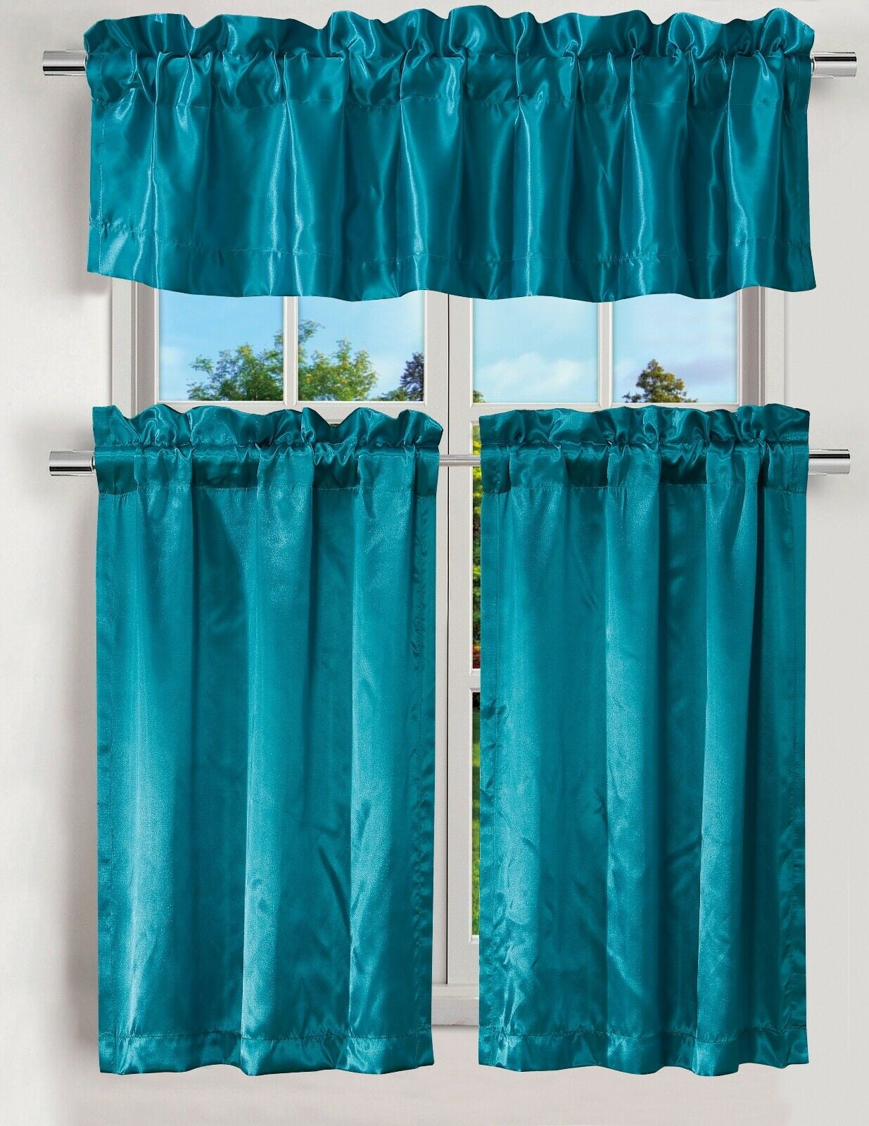 TEAL SATIN 3PC KITCHEN NURSERY SOLID COLOR CURTAIN VALANCE SIZE 60