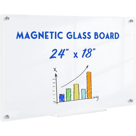 Magnetic Glass Whiteboard, 24" x 18" Dry Erase Board for Wall, Frameless White Board with 1 Marker Tray and 3 Magnets for Office, Home, Classroom -Ultra White