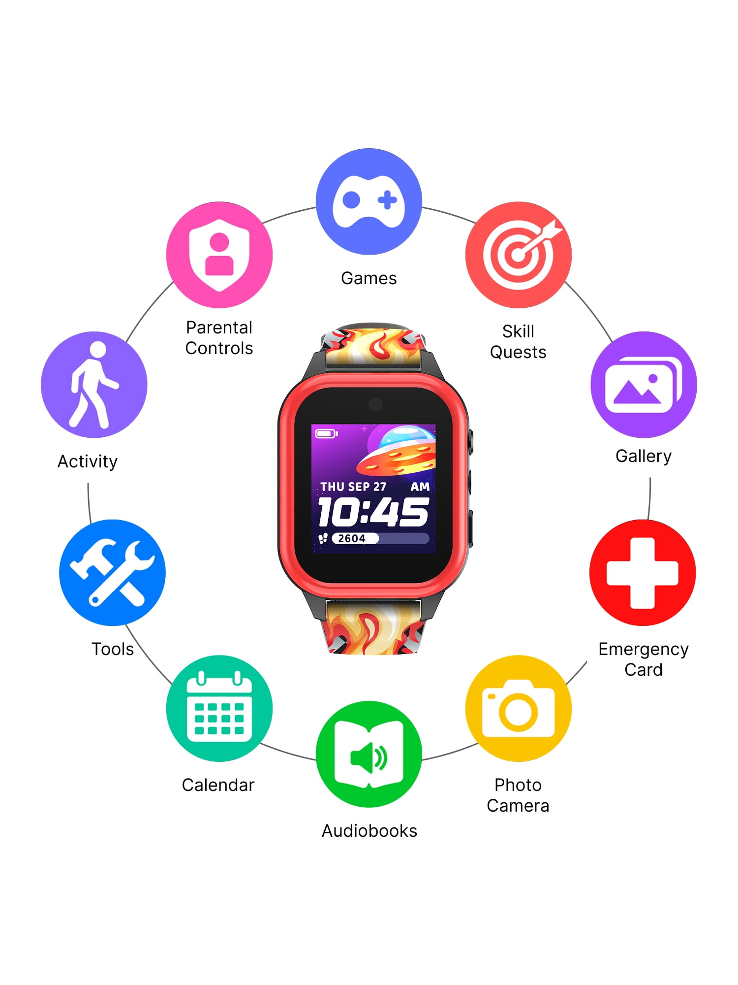 iTech Jr. 4 Kids Boys' Smartwatch with Camera, Audiobooks, and Games – Gray Case with Gray-Black Red Flame Strap