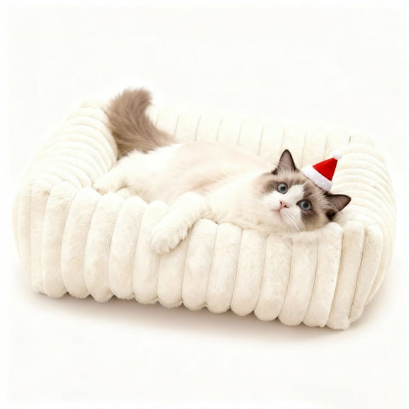 Sanmadrola Cat Bed for Indoor Cats Furry Corduroy Fleece Orthopedic Pet Bed Sofa Removable Washable Cover Non Skid Bottom, White