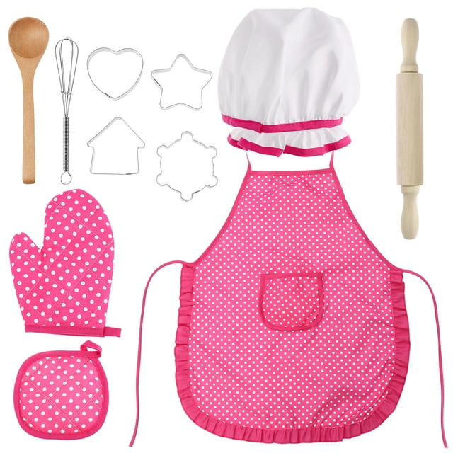 BESTONZON 11Pcs Juego de cocina Juego completo de regalo de cocina para niños con gorro de cocinero Delantal Mitt de cocina y utensilios para niños Juego de cocina