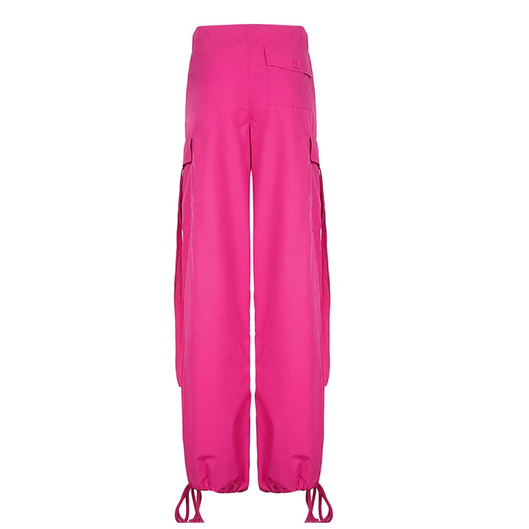 WANYNG cargo pants women Loose Low Waist Trousers Wide Leg Baggy With  Pockets Streetwear Punk pants for women Hot Pink M