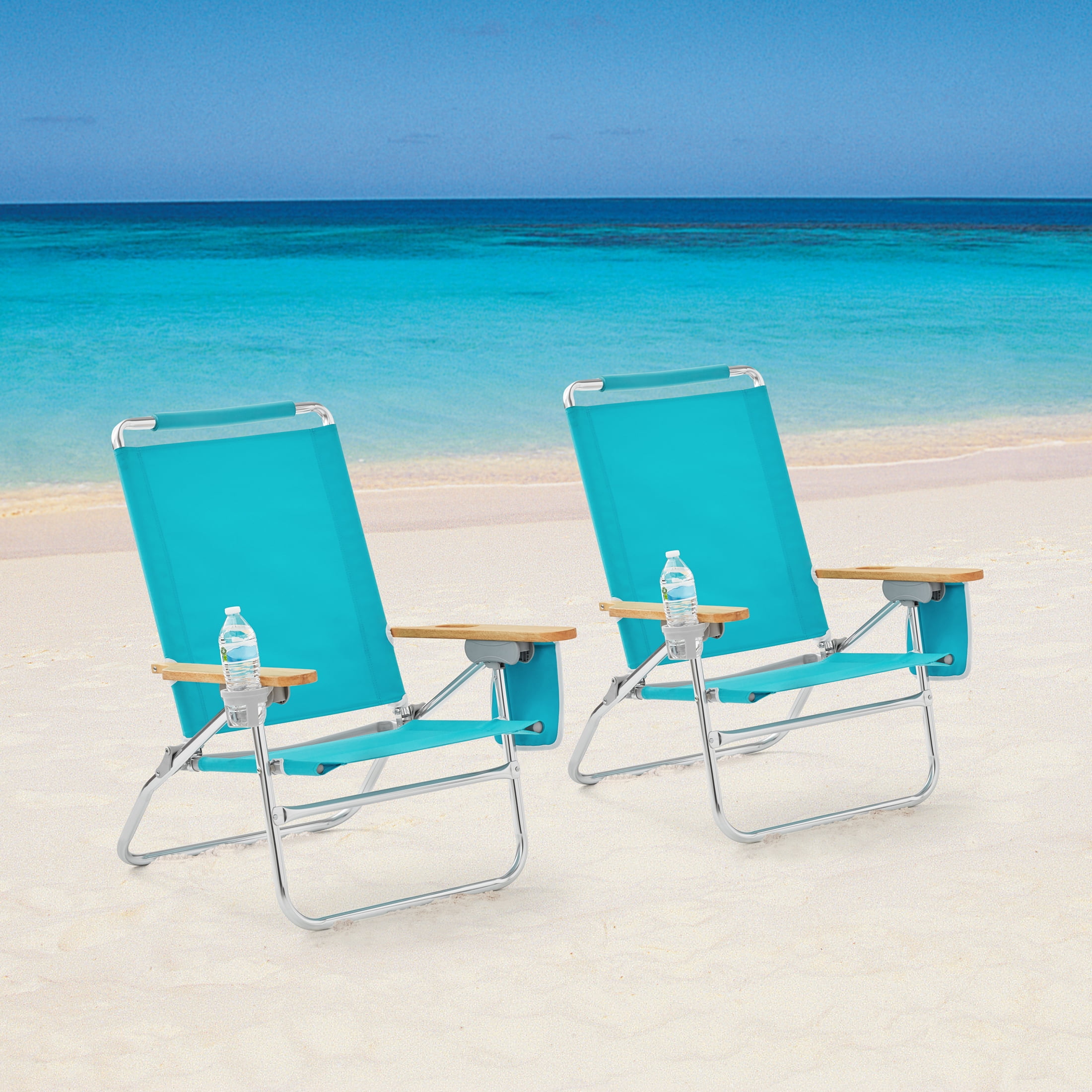 2Pack Mainstays Wood Arm Reclining Comfort Height Beach Chair, Teal