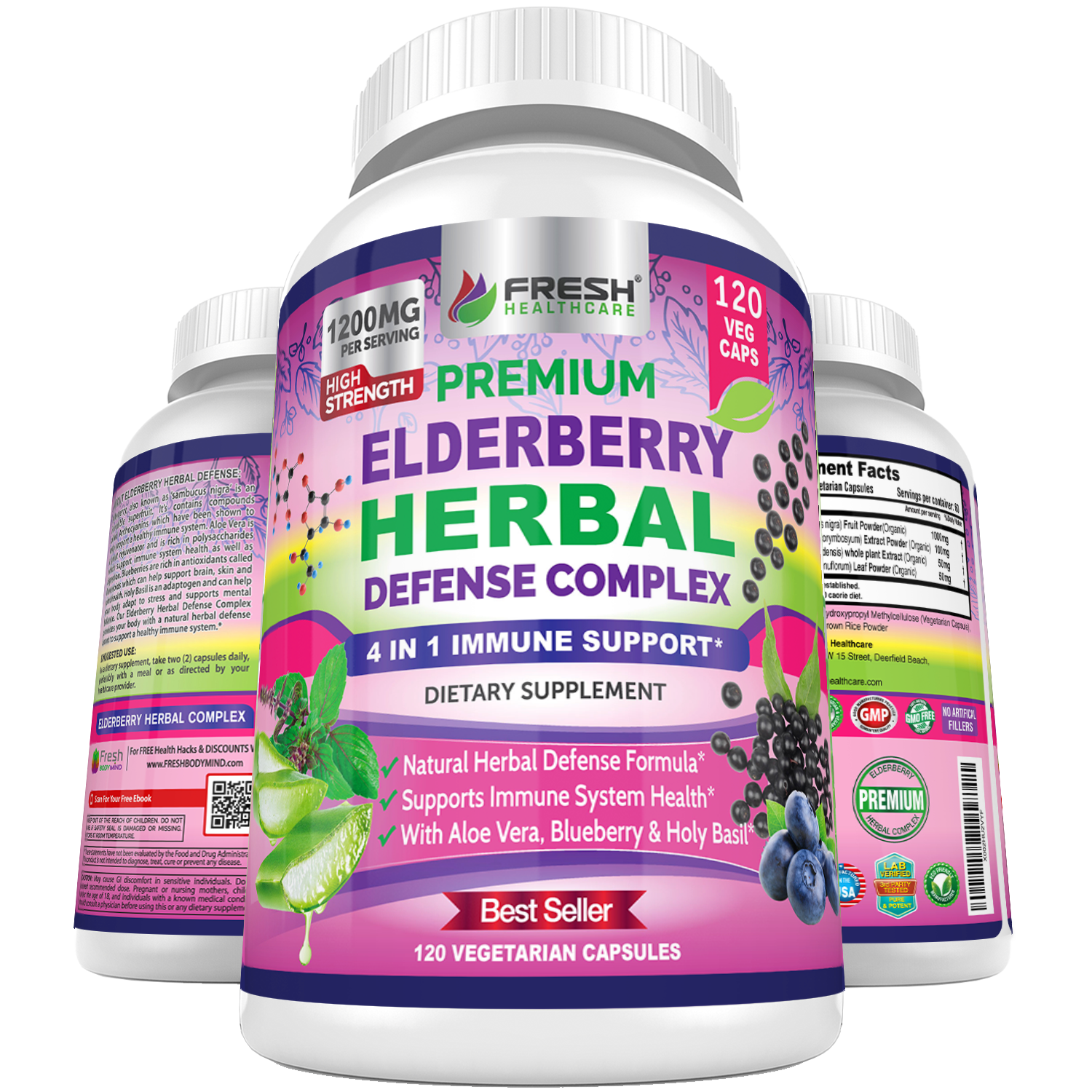 Premium Elderberry Capsules 1200mg Complex 4 in 1 Immune Support