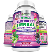 Premium Elderberry Capsules 1200mg Complex - 4 in 1 Immune Support Supplement with Aloe Vera, Blueberry & Holy Basil - Non GMO Plant Based - 120 Vegan Capsule Pills for Men & Women