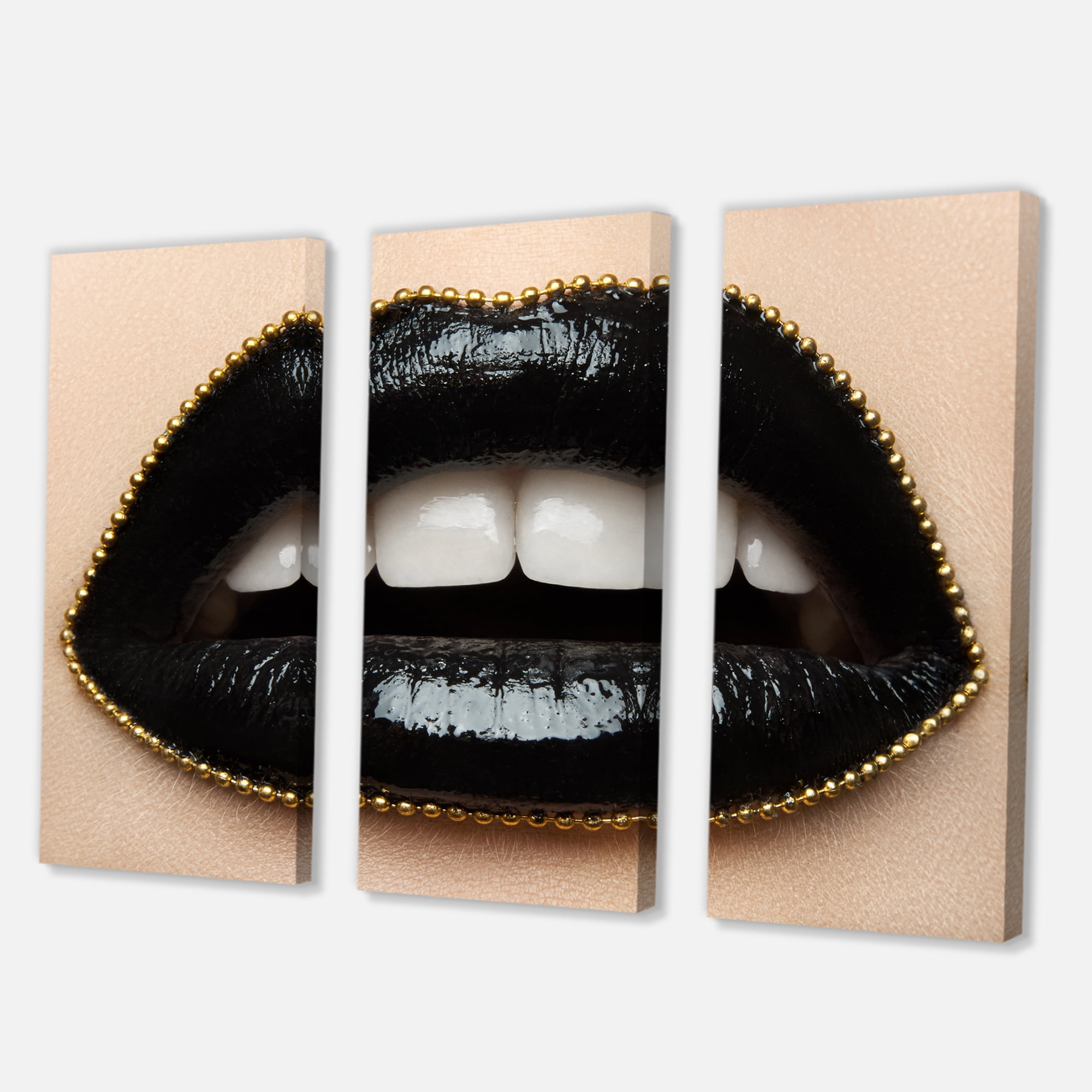 Designart ' Woman Lips With Black Lipstick & A Gold Chain ' Modern Canvas Wall Art Print