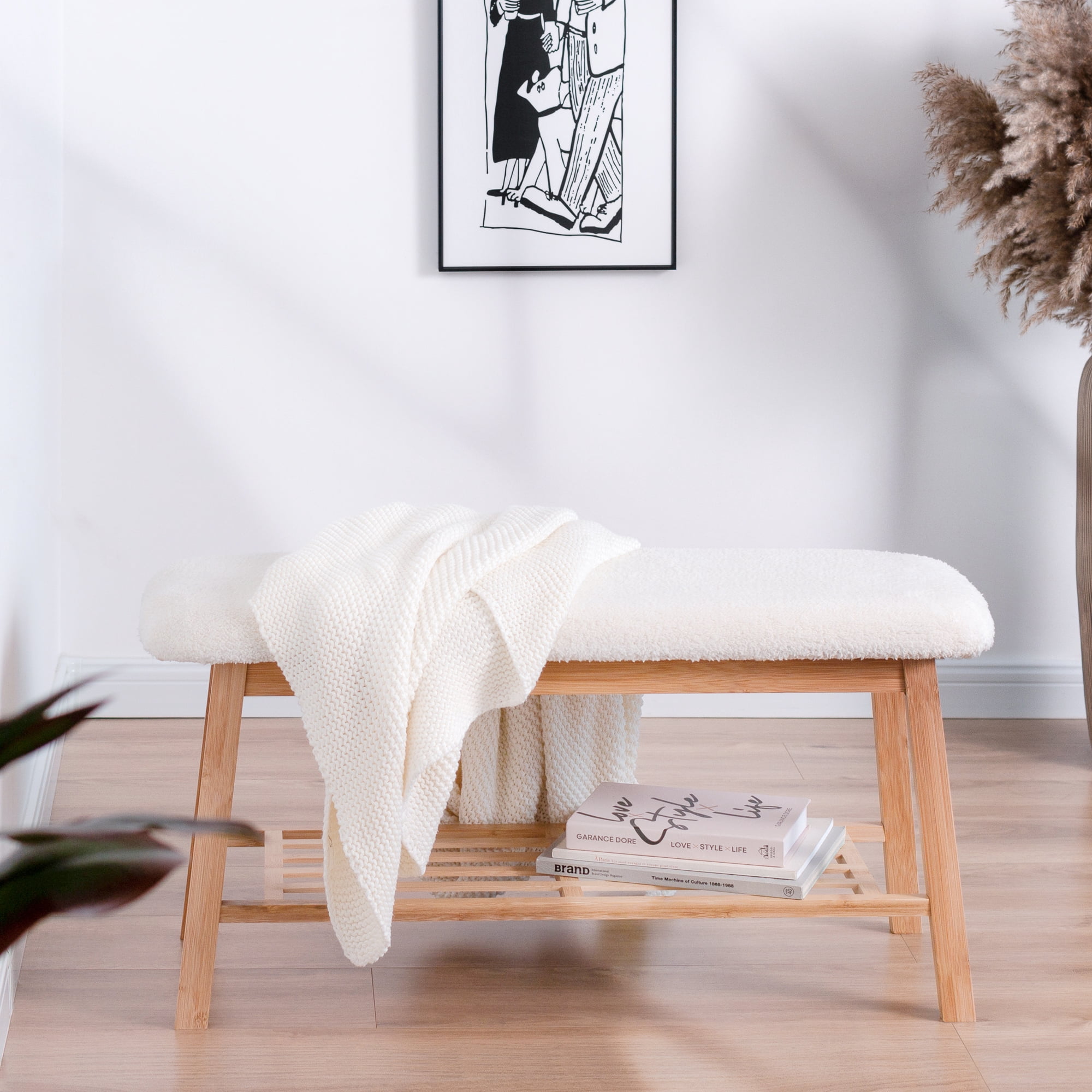 Tufted Fabric Bench Ottoman Bench, White