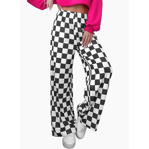 DOKOTOO Plaid Pants for Women Casual Wide Leg Pants Elastic Waist Loose Comfy Checkered Pants with Pockets