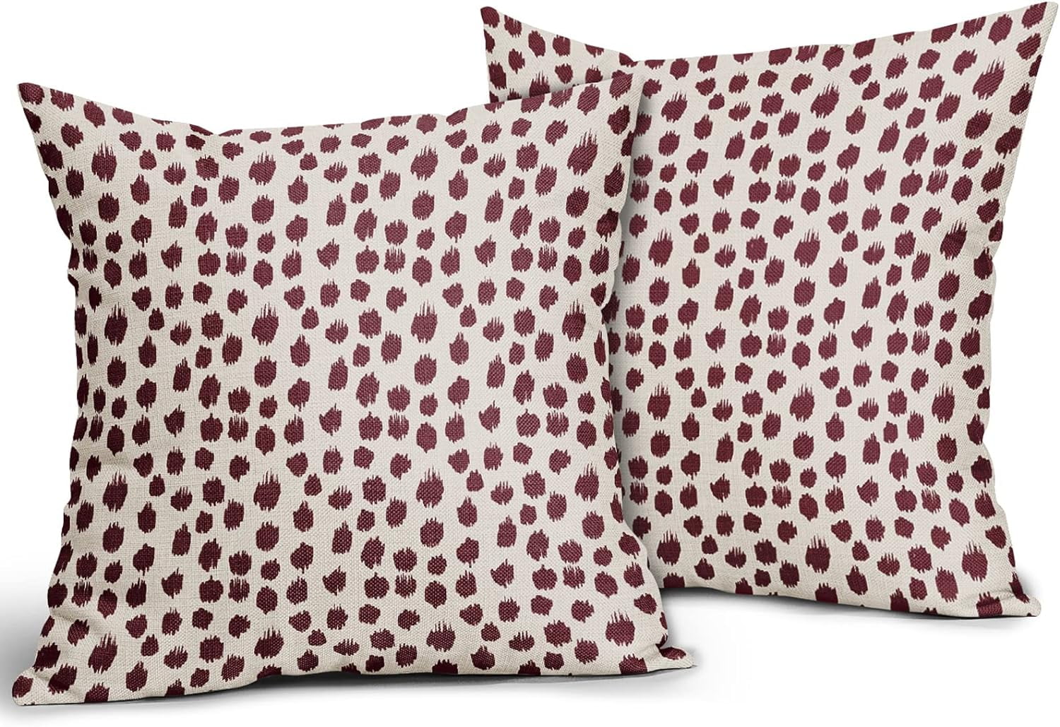 Burgundy Cream Pillow Covers 18x18 Set of 2 Boho Design Polka Dot Throw Pillows Modern Brush Strokes Print Decorative Outdoor Pillowcase Square Cushion Cover Linen Pillow Case for Home Sofa Couch Bed