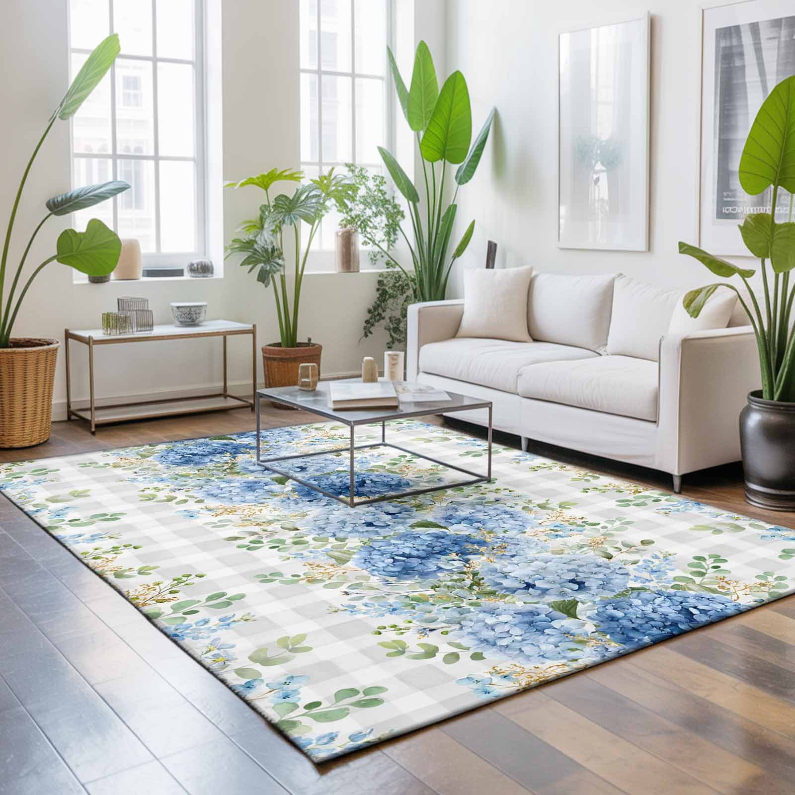 Blue Flower Rectangle Rug 5'x7' Summer Country Hydrangea Floral Grey Plaid Washable Area Rugs for Living Room Bedroom Entryway Non Slip&nbsp; Entrance Door Mat Indoor Floor Carpet