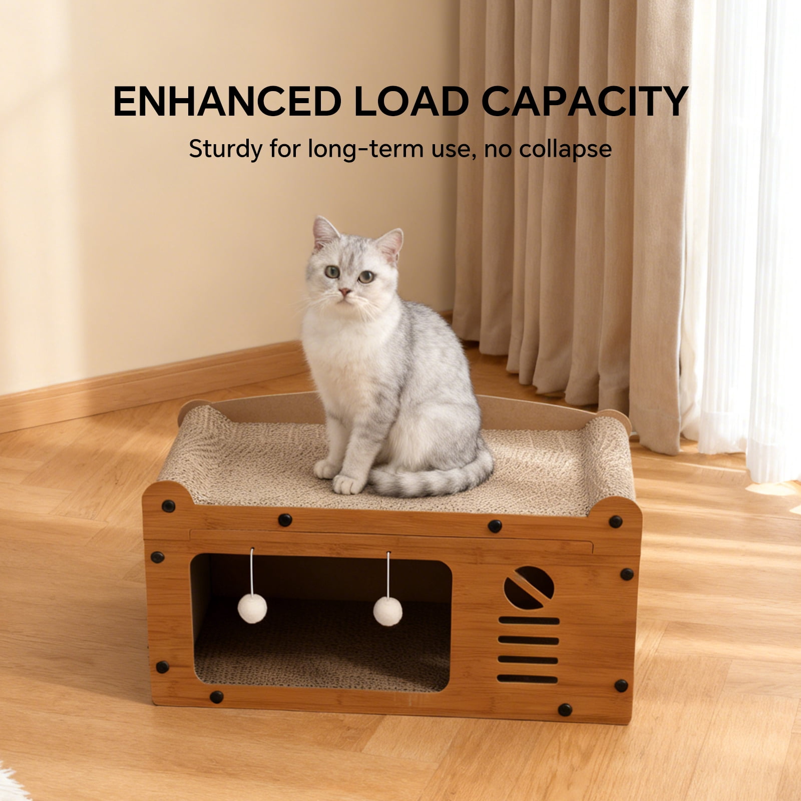 Cat Scratcher House, 2 in 1 Cat Bed and Cave with Hanging Ball Toys, Wooden Scratching Board for Kittens and Adult Cats