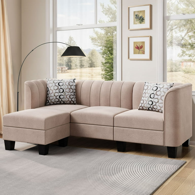 Walsunny Sectional Sofa Couch Small 3 Seat L Shaped Couch with Linen Fabric Convertible Sofa with Chaise for Small Space Khaki
