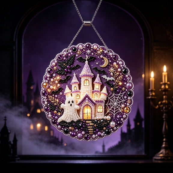 Diamond Art Kits Hanging Halloween Haunted House, DIY 5D Special Shaped Diamond Painting Craft Gem Art Rhinestone for Adults and Home Window Door Decor, Happy Halloween