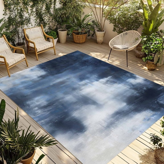 Modern Minimalist Outdoor Area Rug 4x6ft Decorative Indoor Outdoor Rug Abstract Blue White Watercolor Texture Patio Area Rug for Porch, Deck, Balcony, Entryway, Camping & RV