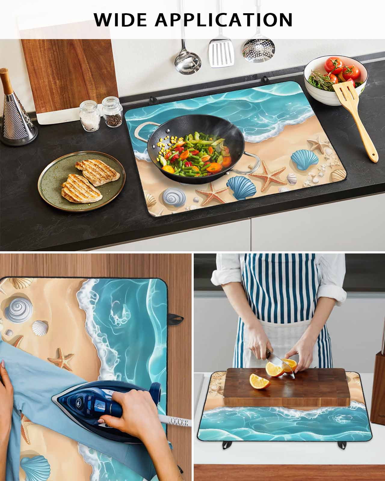 nqOlkjepod Large Induction Cooktop Protector Mat 24"x21", Geometric Coastal Stove Top Covers for Electric Stove, Cartoon Starfish Shell Sea Waves Stove Burner Cover Mats, Glass Top Stove Cover