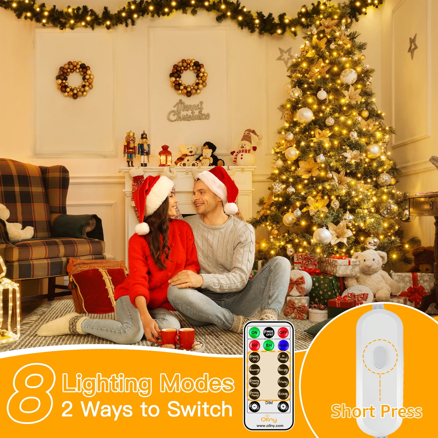 Ollny 400 LED Christmas Tree Lights with Remote Control, 8 Lighting Modes Waterproof Indoor Outdoor Christmas Lights for Decorations, Warm-white