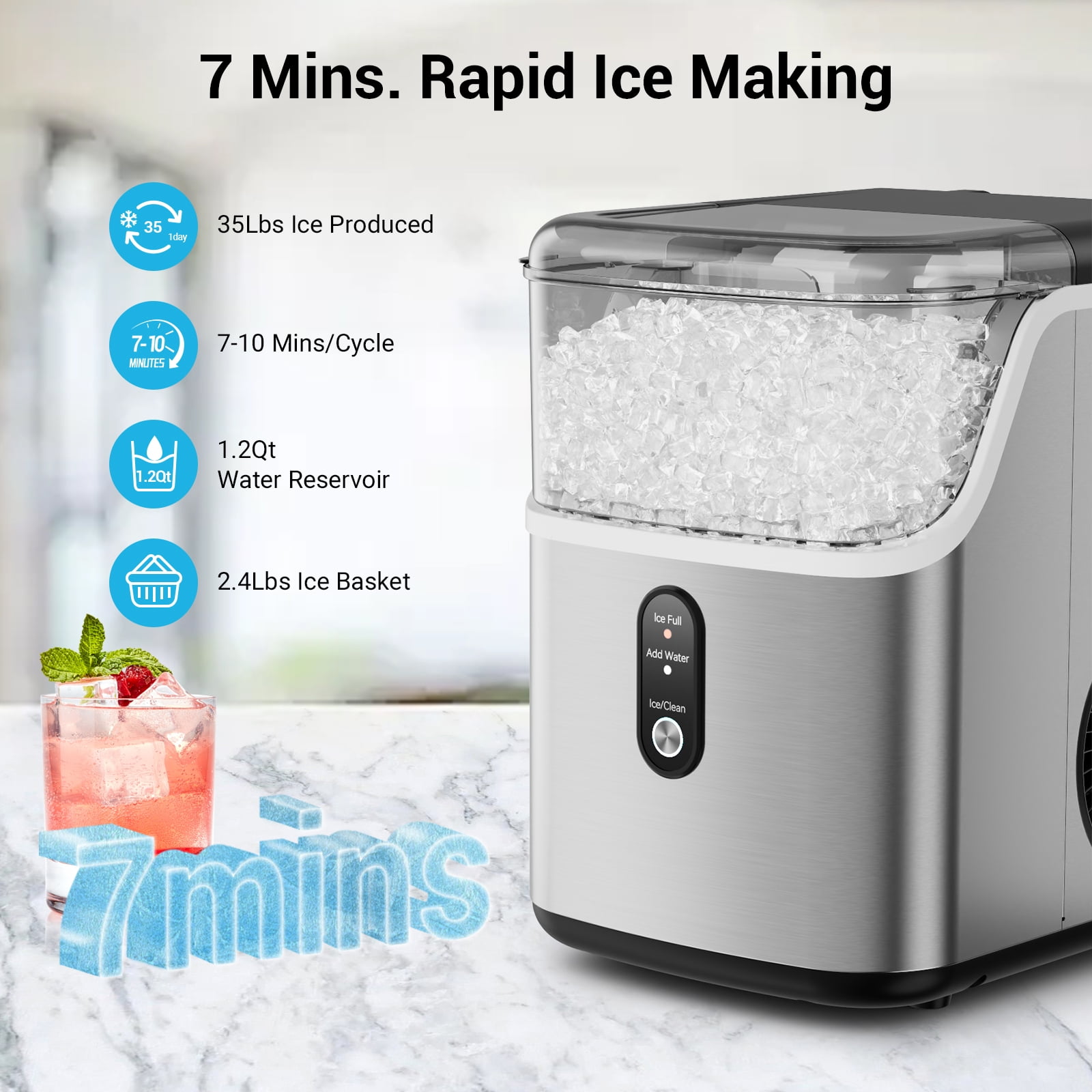Joreek Nugget Ice Maker Countertops, 35lbs Per Day Portable Pebble ice machine, Crushed Sonic ice maker with Soft Chewable Ice for Home, Party, RV, Camping, Stainless Steel Silver
