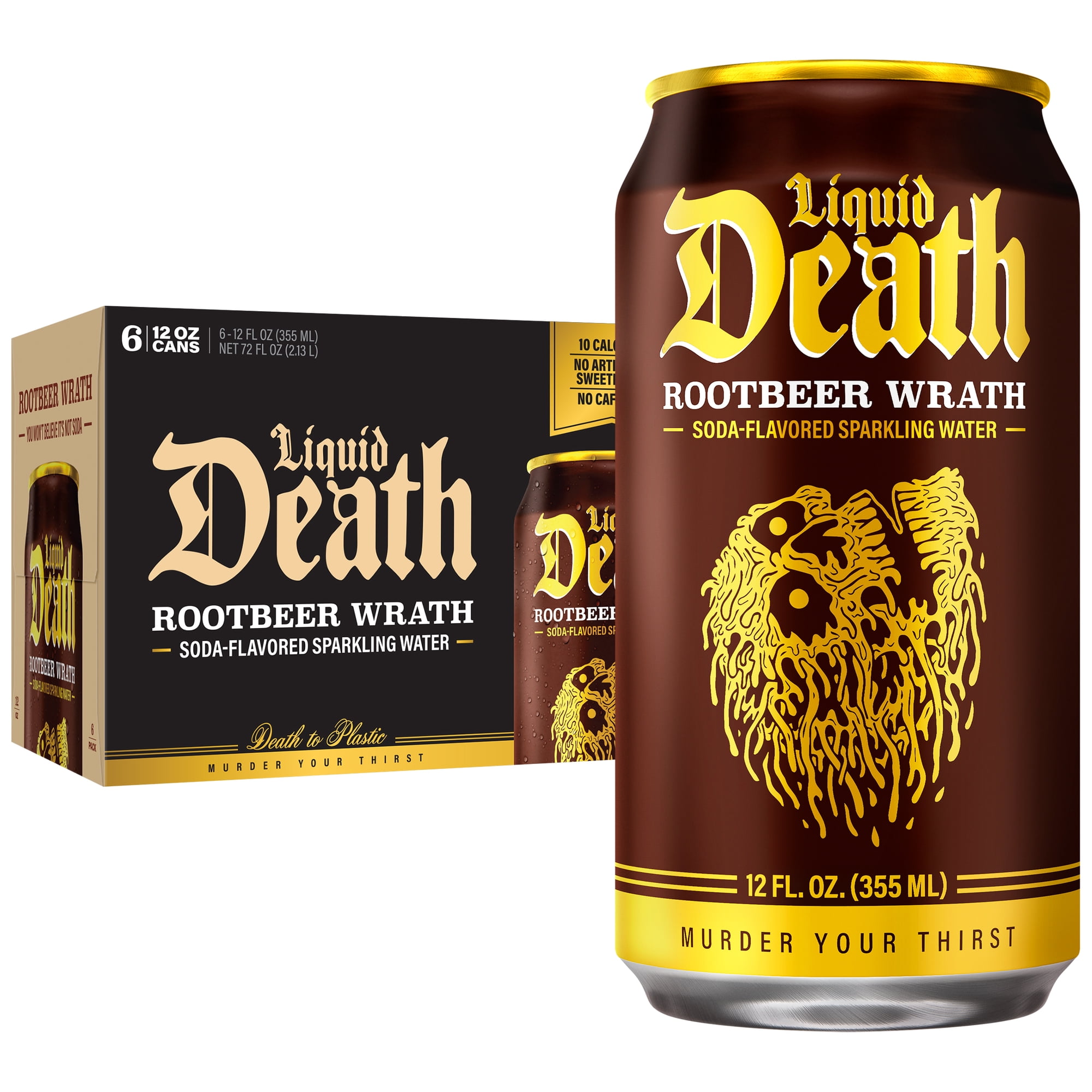 Liquid Death, Rootbeer Wrath, Soda-Flavored Sparkling Water, 6-Pack (12 fl oz Cans), Low Sugar, Huge Flavor and No Artificial Sweeteners