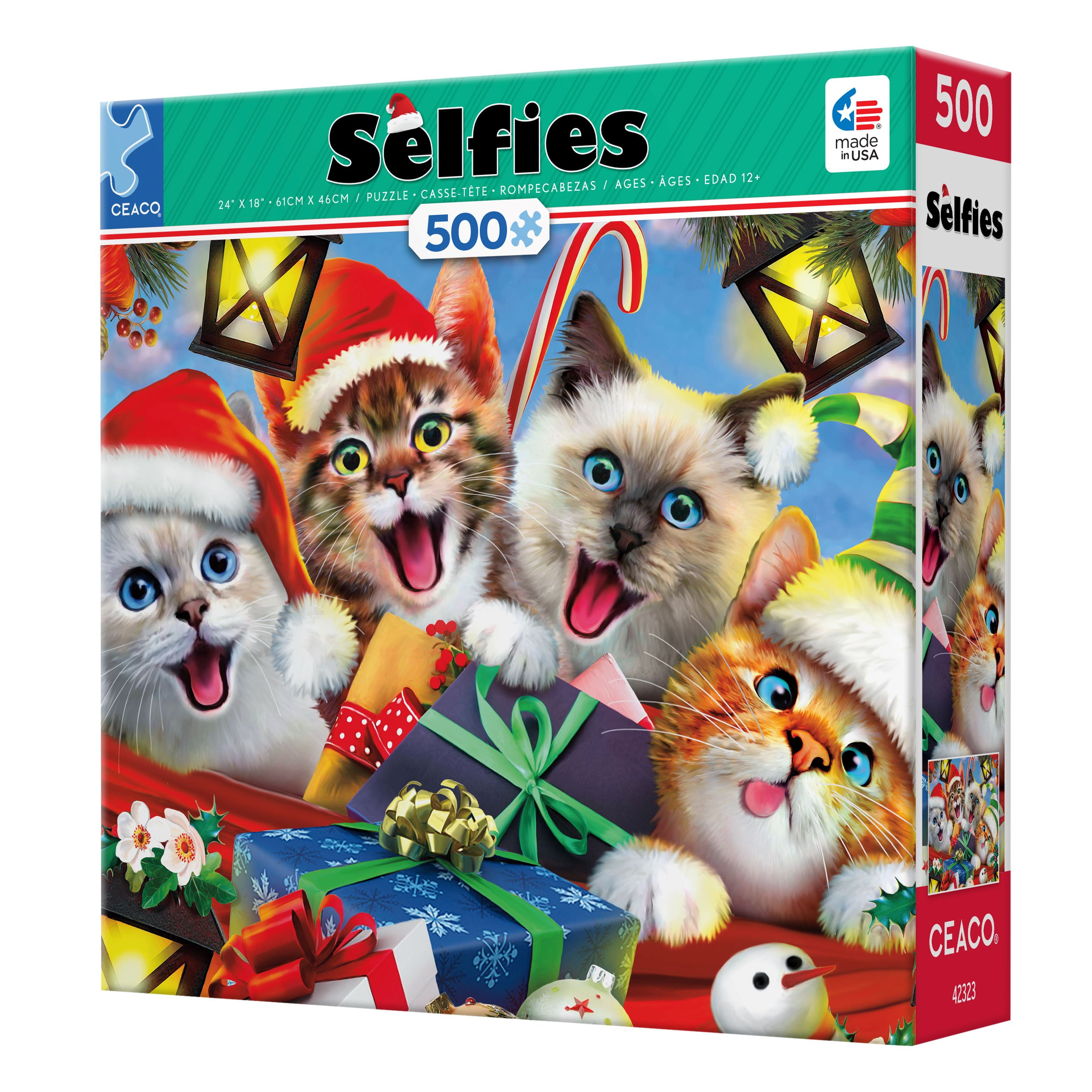 Ceaco Holiday Cats Selfies (Howard Robins) 500 Piece Interlocking Jigsaw Puzzle