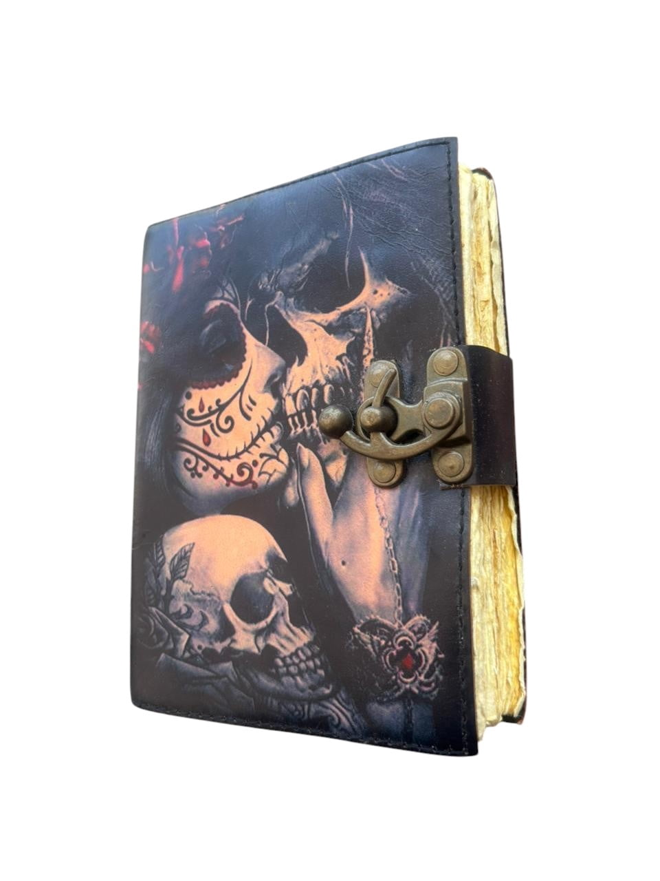 Handmade Leather Journal 5x7 – Skull Couple Gothic Design, 200 Deckle Edge Pages, Vintage Rustic Notebook with Clasp