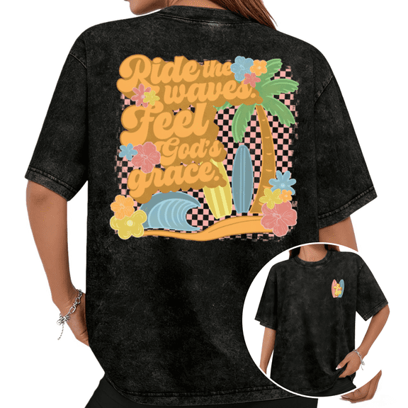 Ride The Waves Feel God's Grace Retro Checkered Palm Tree Surf Graphic Tees T-shirt Tops Short Sleeve Black S-2XL Plus Size