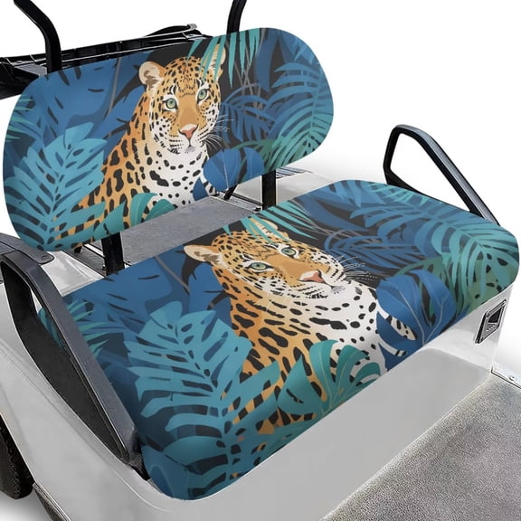 chaqlin Palm Leaf Golf Cart Seat Covers - Leopard Print Backrest & Bench Cover Sets Universal Golfcart Cushion Protector for Club Car and More 2 Person Seats Golf Carts