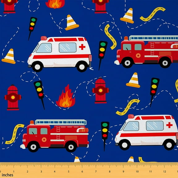 Feelyou Fire Fighter Car Fabric by the Yard 1 Yard for Kids, Red Truck Room Decor Fabric by the Yard, Function Vehicle Fabric for Sewing, Microfiber Bedroom Decor