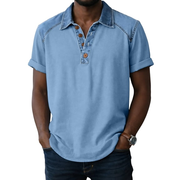 Mens Casual Golf Shirt Summer Short Sleeve Collared Button Down T-Shirts, Two-Tone Patchwork Untucked Regular Fit Lightweight Breathable Tops for Everyday Wear & Beach Vacation