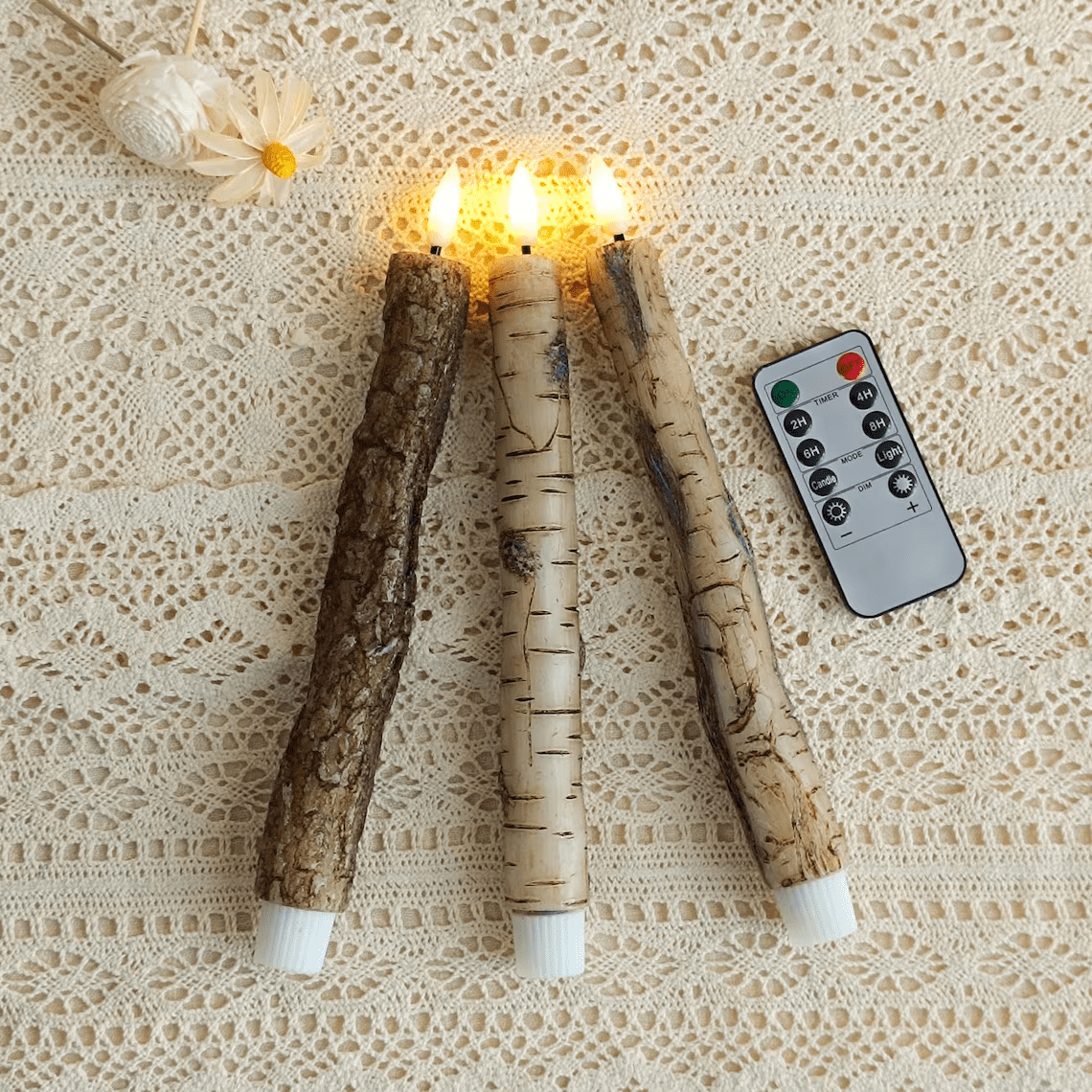 9.8 Inch Flameless Taper Candles, Tree Trunk Design LED Candle with Timer Remote Control，Battery Operated Real Wax Taper Candles for Home Decor，2PCS