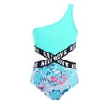 thumbnail image 5 of YIZYIF Girls 2Pcs Swimsuit One Shoulder Criss Cross Waistline Swimming Bodysuit with Shorts for Pool Swimming Leaf 16, 5 of 7