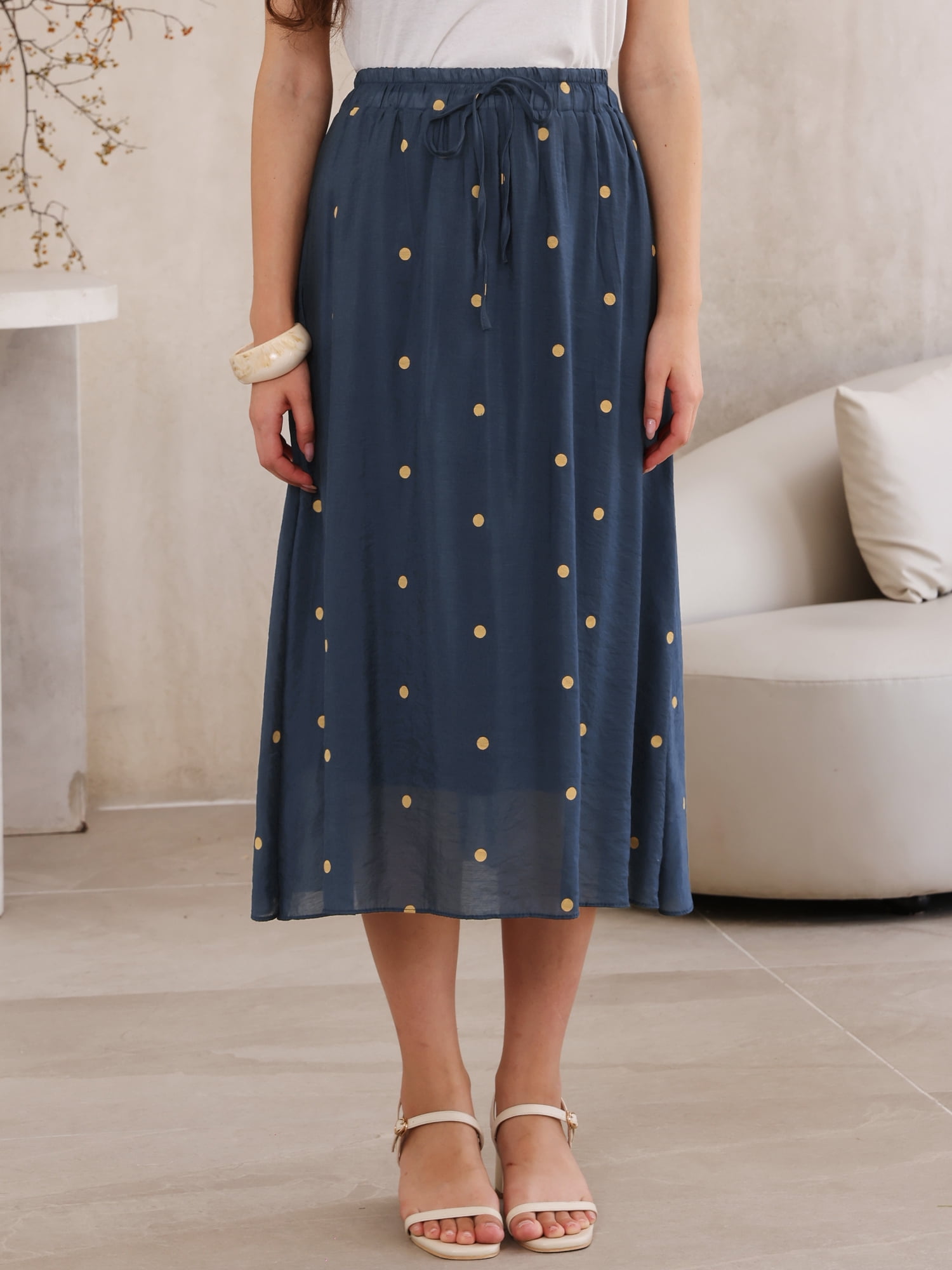 DARING DIVA Women's Elastic Waist Polka Dots Midi Skirts Medium Dark Blue