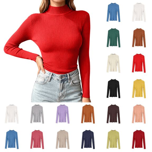 Women's Turtleneck Ribbed Sweaters Solid Long Sleeve Pullover Tops Slim Fitted Soft Lightweight Winter Fashion Outfits