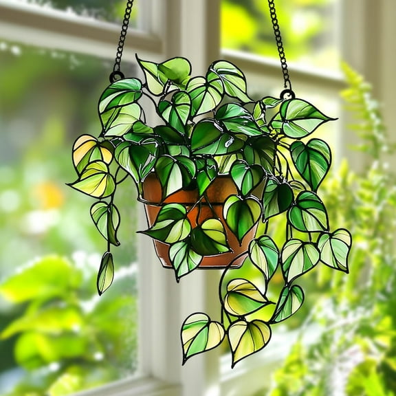 Pothos Acrylic Suncatcher, Faux Stained Glass Hanging Plant Window Art, Gift for Plant Lover, Botanical Home Art Decor