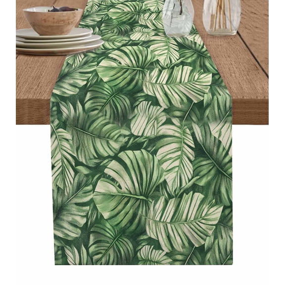 ERUNPONLY Tropical Leaves Table Runner - 70 Inch Long Watercolor Retro Country Summer Leaf Cotton and Linen Blended Dress Scarves Farmhouse Table Runner for Kitchen Dining, Coffee Table, 13" x 70"
