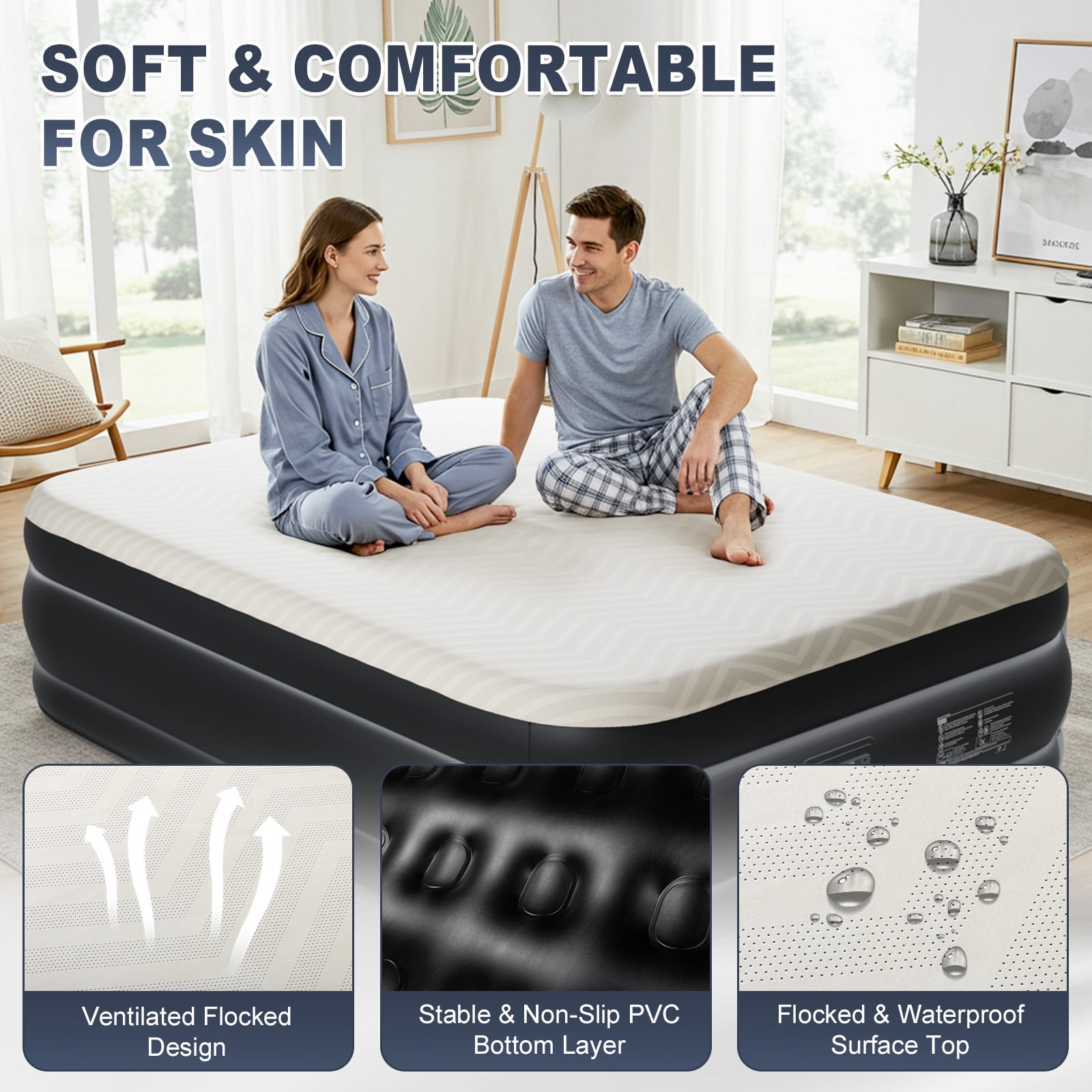 Ktaxon 18" Queen Air Mattress, Foam Flocking Airbed with Built-in Pump,Elevated Inflatable Bed for Home Cmaping & Guests, Beige & Black