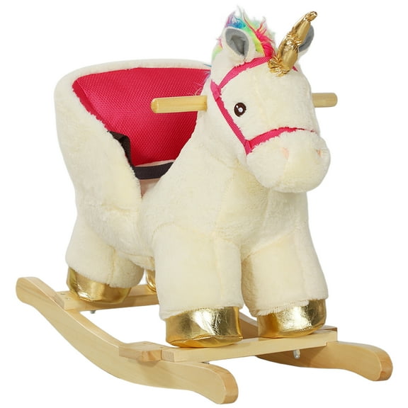 Qaba Kids Rocking Horse, Ride on Unicorn with Realistic Sounds, Safety Belt & Wooden Base, Plush Animal Rocker for Toddlers 18-36 Months, Cream White