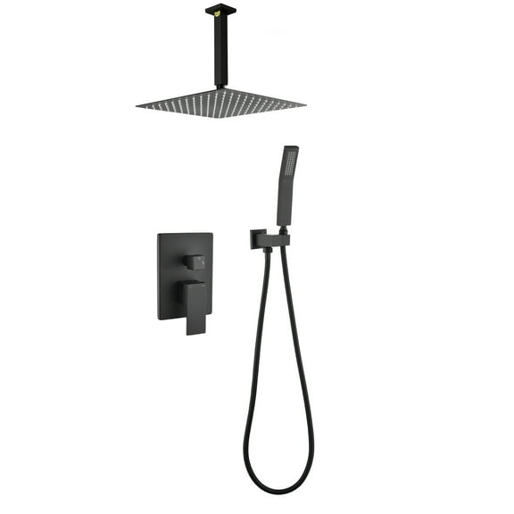 Forclover Concealed Valve Shower System Dual Head Waterfall with Handheld Shower Head Ceiling Mount Matte Black