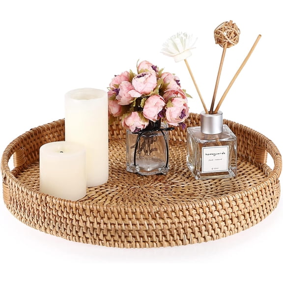 Handwoven Rattan Serving Tray with Integrated Woven Handles, Round Decorative Wicker Basket for Coffee Table, Ottoman, Boho & Farmhouse Home Decor, Serving Platter for Food & Drinks