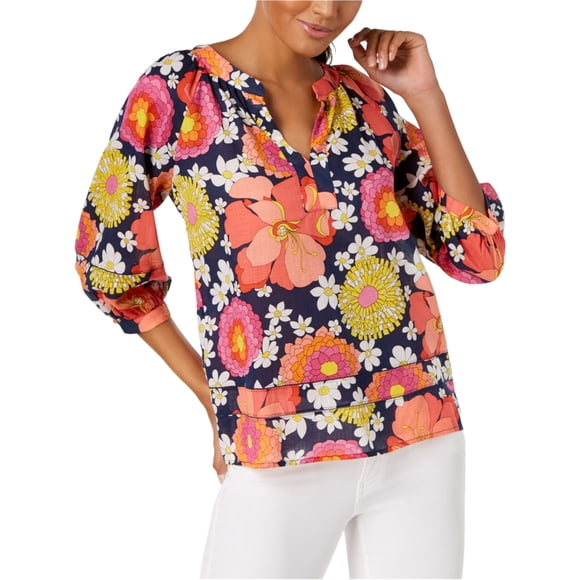 Trina Turk Blusa campesina con estampado floral para mujer, naranja, pequeña