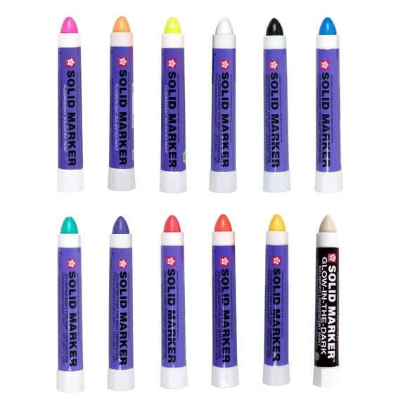 Sakura Solid Paint Markers - 11 Permanent Marker Paint Pens and 1 Glow-in-the-Dark Paint Marker - Window, Wood & Glass Marker - Assorted Paint Colors - 12 Pack