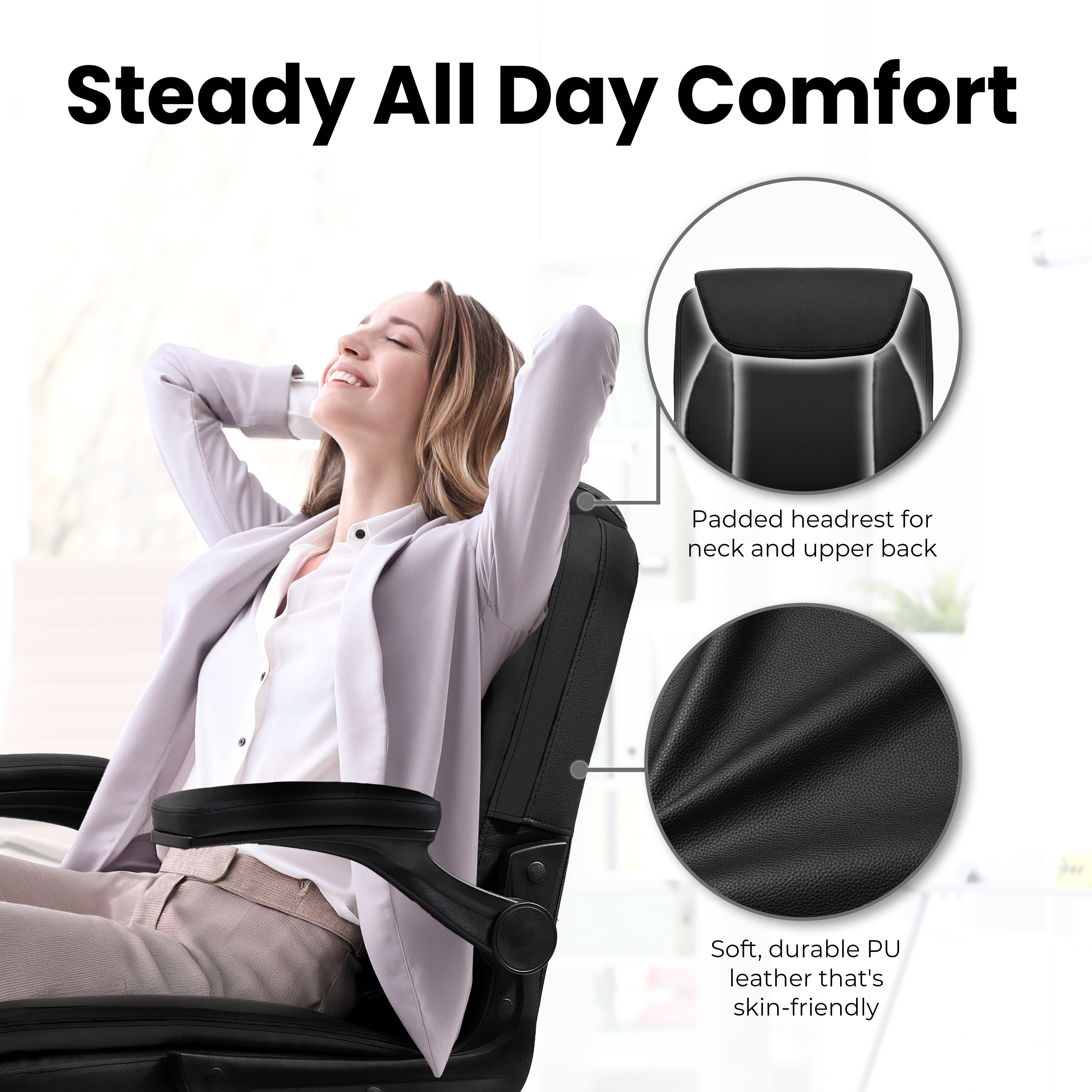 NEO CHAIR Desk Office Gaming Computer Chair Ergonomic Executive Mid-Back Leather with Adjustable Padded Flip-Up Armrests Cushion Wheels Swivel for Home Study Task (All Black)