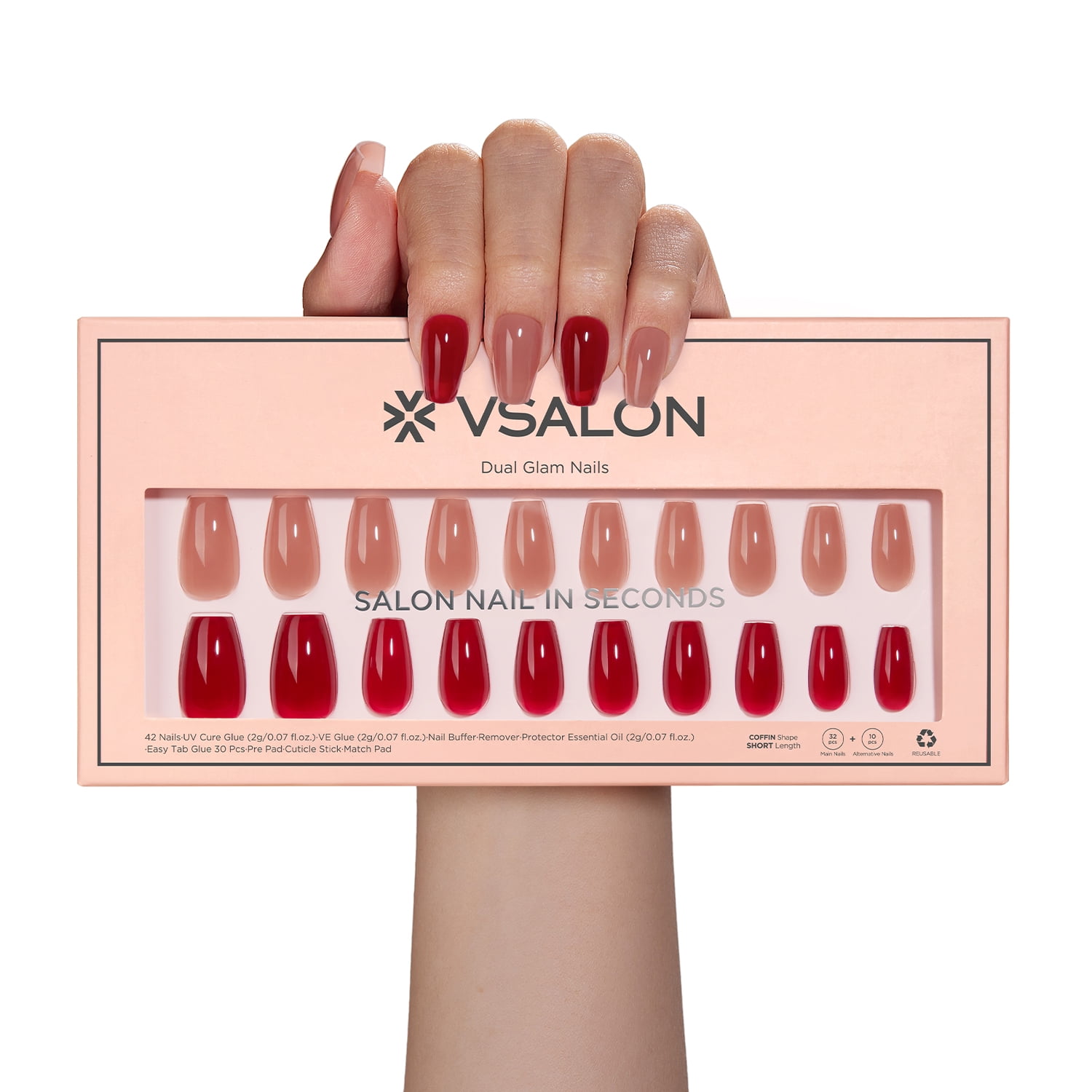 VSALON Short Coffin Press-On Nails - 42 PCS Solid Nude Pink Main Nails in 16 Sizes Red Alternative Fall Nails - Reusable Fake Nail Kit with UV Glue, Easy Tabs, Nail Glue, Remover (Stained Glass)