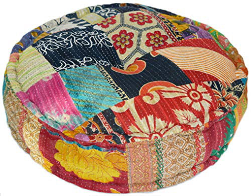 RANGILA Stuffed Indian Vintage Kantha Assorted Patch Floor Cushion; Pouf Ottoman; Round Pouf