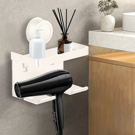 Daiosportswear Wall Mounted Hair Dryer Rack Hair Dryer Holder Alloy Suction Cup No Drilling Waterproof Damp Proof with Compartments Hanging Loop Bathroom Organizer for Hair Dryer & Accessories