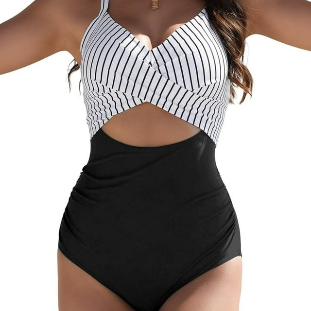 LOVEVER Women‘s One-Piece Swimsuit - Tummy Control High-Waisted Bathing suit Full Coverage Swimwear with Deep V-Neck & Twisted Front Non-Slip Grip - Stretchy Swim Suit for Beach Pool